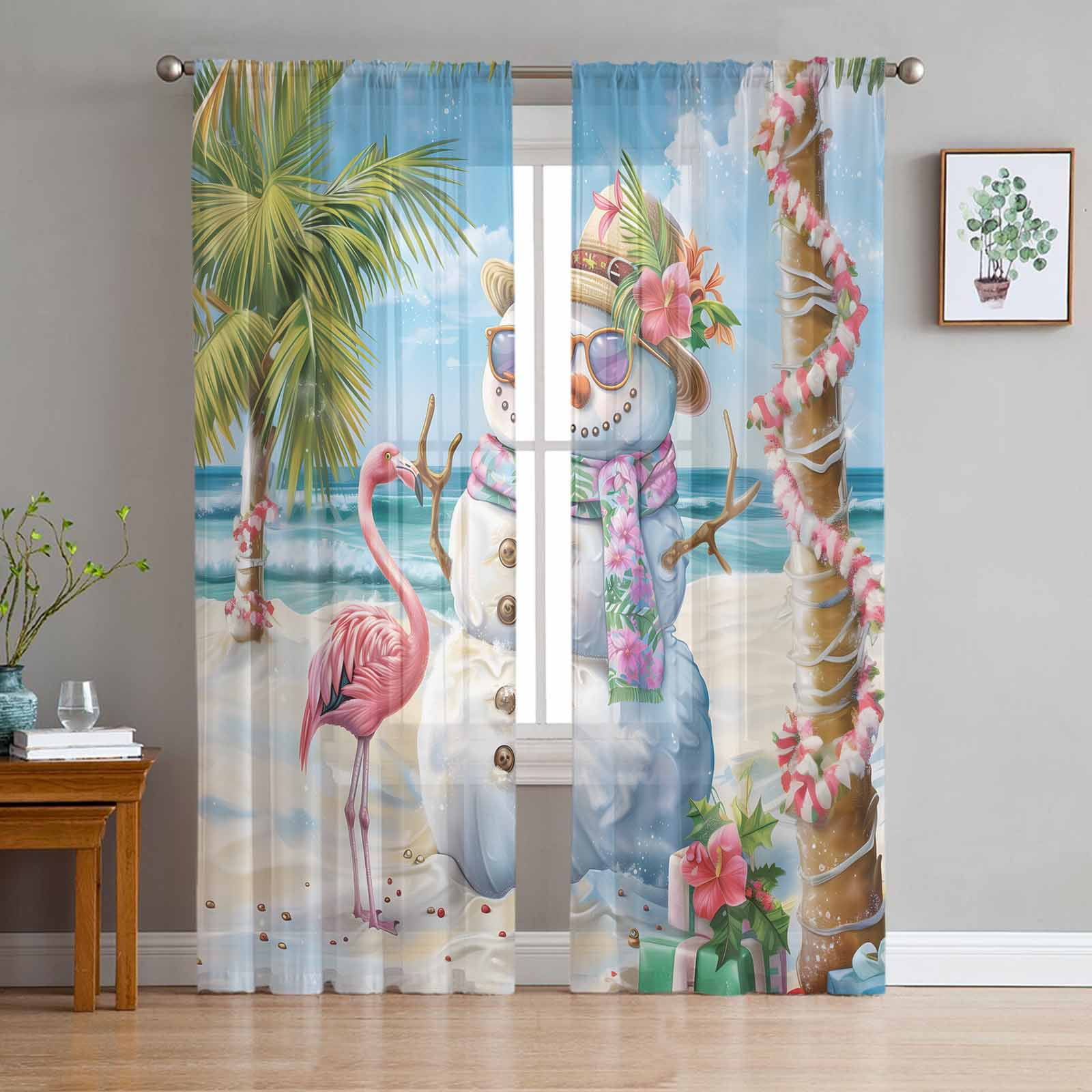 Coastal Snowman Christmas Sheer Curtains 84 Inch Length 2 Panels Set ...