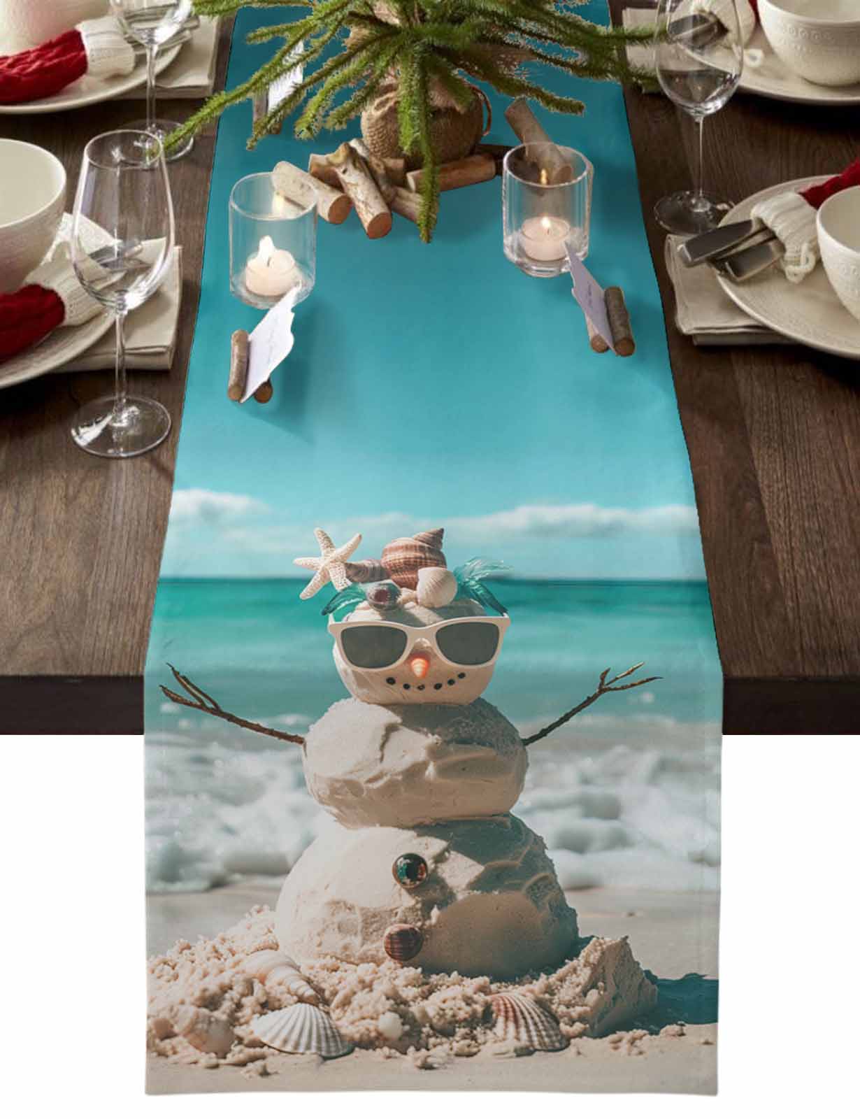 Coastal Snowman Christmas Table RunnerCotton Linen 72 Inch Holiday