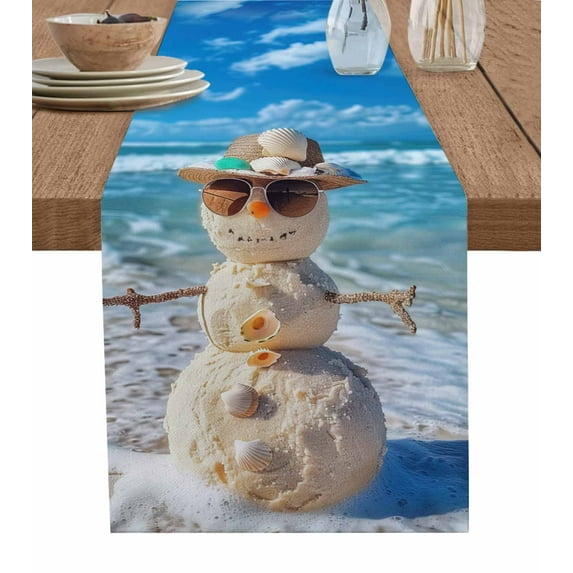 Coastal Snowman Christmas Table Runner Xmas Beach Sea Nautical Tablerunners 16 x 72 Inch, Table Decorations Tabletop Scarf for Summer Gathering Holiday Farmhouse Kitchen Dining Decor