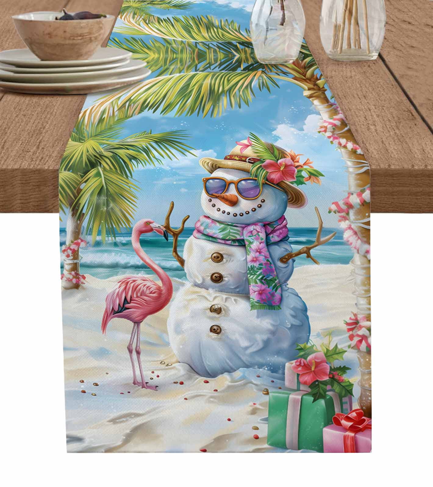 Coastal Snowman Christmas Table Runner Xmas Tree Flamingo Beach Tablerunners 13 x 120 Inch, Table Decorations Tabletop Scarf for Summer Gathering Holiday Farmhouse Kitchen Dining Decor