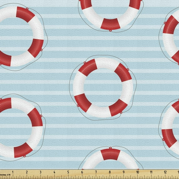 Ambesonne Aqua Blue Fabric by the Yard Upholstery, Stripes Circle Nautical, 10 Yards, Pale Blue White Red
