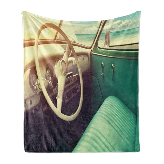 Coastal Soft Flannel Fleece Blanket, Interior of a Classic Car Parked Seaside and the Cloudy Sky Digital Print, Cozy Plush for Indoor and Outdoor Use, 60" x 80", Cream and Jade Green, by Ambesonne