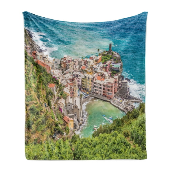 Coastal Soft Flannel Fleece Blanket, View of Vernezza Famous Fisherman Village Cinque Terre Italy Ligurian Sea Artwork, Cozy Plush for Indoor and Outdoor Use, 50" x 70", Multicolor, by Ambesonne