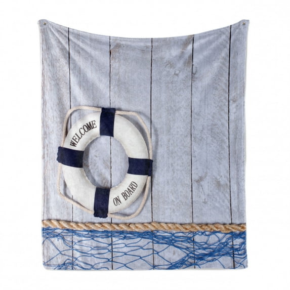 Coastal Soft Flannel Fleece Blanket, Welcome on Board Greeting Message Holiday Seaman Sailing Maritime Theme, Cozy Plush for Indoor and Outdoor Use, 50" x 70", Taupe Cream Navy Blue, by Ambesonne