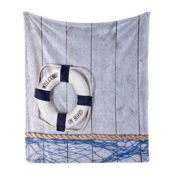 Coastal Soft Flannel Fleece Blanket, Welcome on Board Greeting Message Holiday Seaman Sailing Maritime Theme, Cozy Plush for Indoor and Outdoor Use, 70" x 90", Taupe Cream Navy Blue, by Ambesonne