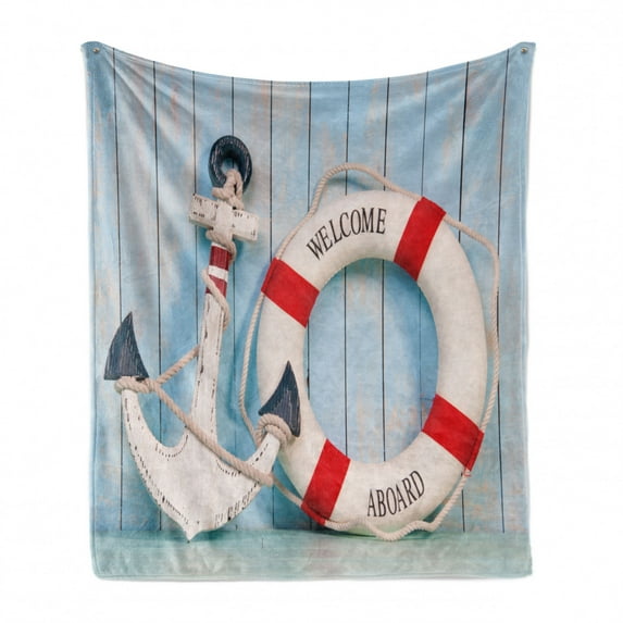 Coastal Soft Flannel Fleece Throw Blanket, Anchor Striped Siding Vertical on Shabby Boards Classic Style, Cozy Plush for Indoor and Outdoor Use, 70" x 90", Red Pale Blue Navy Blue, by Ambesonne