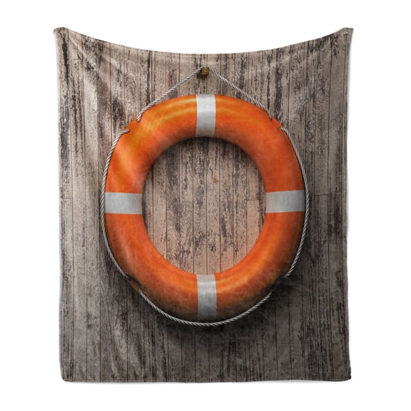 Coastal Soft Flannel Fleece Throw Blanket, Attached to a Wooden Wall Hardwood with Grunge Rustic Aged Look Print, Cozy Plush for Indoor and Outdoor Use, 50" x 70", Tan Orange White, by Ambesonne