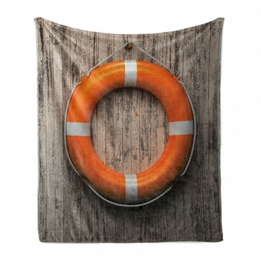 Coastal Soft Flannel Fleece Throw Blanket, Attached to a Wooden Wall Hardwood with Grunge Rustic Aged Look Print, Cozy Plush for Indoor and Outdoor Use, 70" x 90", Tan Orange White, by Ambesonne