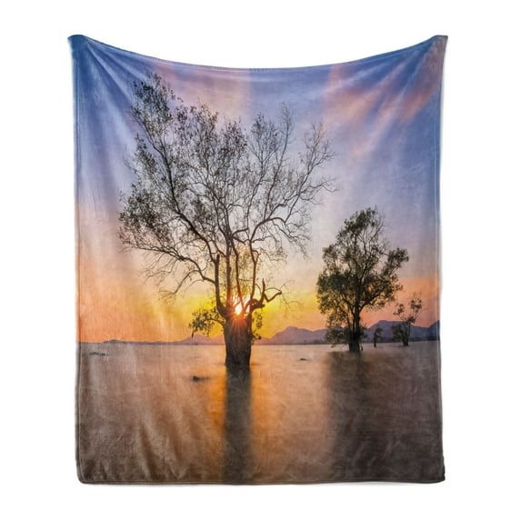 Coastal Soft Flannel Fleece Throw Blanket, Dawn Time Rising Sun at Seascape with Autumn Trees in Water Habitat Theme, Cozy Plush for Indoor and Outdoor Use, 50" x 70", Blue Yellow, by Ambesonne