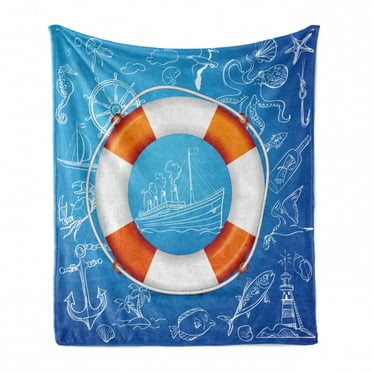 Coastal Soft Flannel Fleece Throw Blanket, Image Background with Palm Tree Island Octopus Seahorse Lighthouse, Cozy Plush for Indoor and Outdoor Use, 70" x 90", Blue Orange White, by Ambesonne