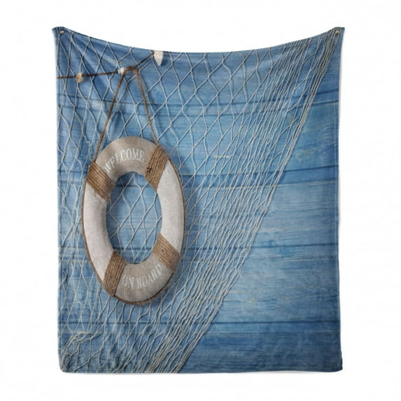 Coastal Soft Flannel Fleece Throw Blanket, on Shabby Blue Planks Nature Antique Look Tourism Theme, Cozy Plush for Indoor and Outdoor Use, 50" x 60", Pale Brown Pale Blue, by Ambesonne