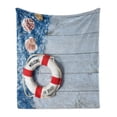 thumbnail image 1 of Coastal Soft Flannel Fleece Throw Blanket, Welcome on Board Message on Life with Fishing Net Seashell Wood Floor of Boat, Cozy Plush for Indoor and Outdoor Use, 70" x 90", Dust Blue Red, by Ambesonne, 1 of 5