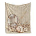 thumbnail image 1 of Coastal Soft Flannel Fleece Throw Blanket, Welcome on Board Wooden Sepia Fishnet Holiday Maritime Theme Print, Cozy Plush for Indoor and Outdoor Use, 50" x 70", Tan Beige White, by Ambesonne, 1 of 6