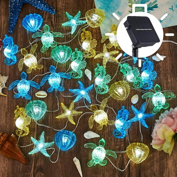Coastal Solar String Lights Outdoor Garden Lights Marine Life Solar Fairy Garden Lights for Outside 14ft 40LED Waterproof Turtle Seahorse Starfish Clam Beach House Nautical String Lights Yard Decor