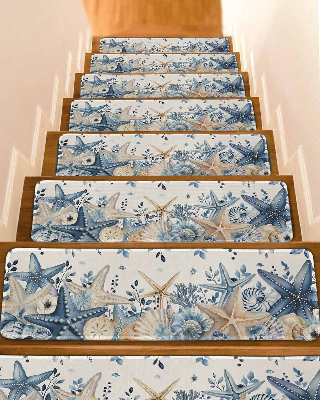 Coastal Stair Treads Ocean Blue Beige Starfish Shells Leaves Retro ...