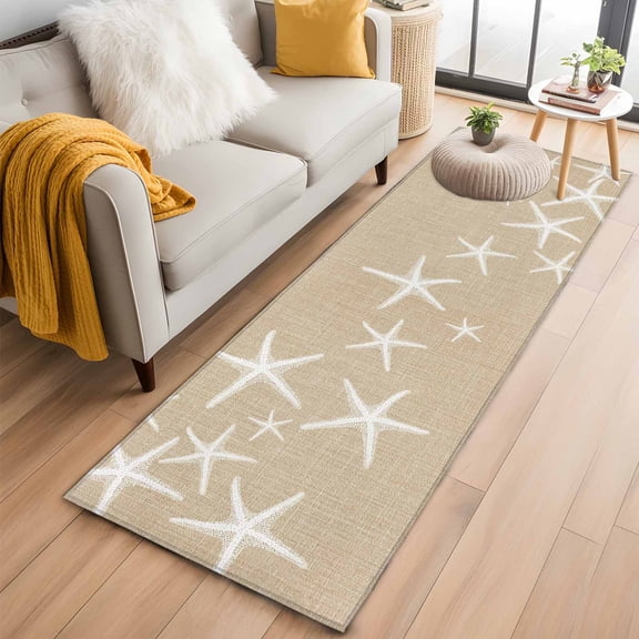 Coastal Starfish 2'x6' Runner Rugs for Hallway Kitchen Bedside Non Slip Washable, Summer Ocean Waves Ombre Sea Beige Entryway Rug Runners with Rubber Backing, Long Carpet Runner for Laundry Room