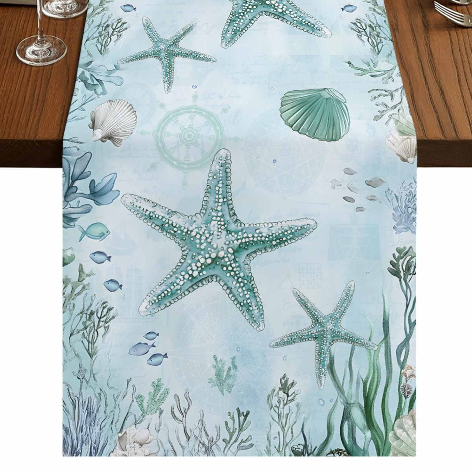 Runner Seashell Coastal Starfish 60 Inch Table Runner, Nautical Coral Tropical Fish ...