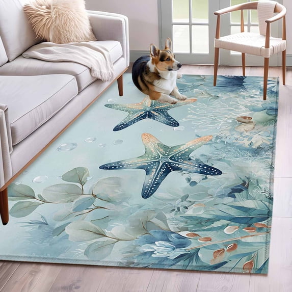 Coastal Starfish Area Rugs 4'x6', Washable Small Throw Rugs for Office Bathroom, Nautical Ocean Creature Eucalyptus Leaf Indoor Outdoor Rug Non-Slip Low Pile Carpet Runner Reversible Floor Mats
