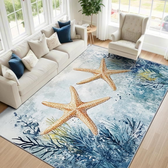 Coastal Starfish Area Rugs, Beach Ocean Pattern Carpet, Washable Non Slip Low Pile Soft Rug for Living Room Bedroom Decor Mat 2x3ft