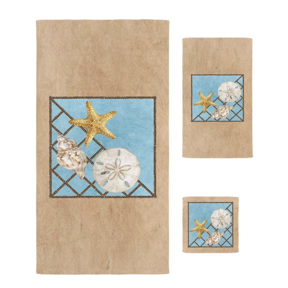 Coastal Starfish Bath Towels Set of 3 with Bath Towel Hand Towel Washcloth, Summer Ocean Conch Vintage Brown Rope Towel Sets for Bathroom/Kitchen/Beach, Soft Absorbent Luxury Bath Towels