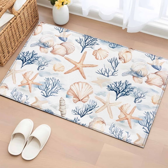 Coastal Starfish Bathroom Rug Washable 2x3 Entryway Rug Non Slip Blue Ocean Coral Shell Conch Modern Front Door Mat Low Pile Indoor Doormat Throw Floor Carpet for Kitchen Bedroom Entrance