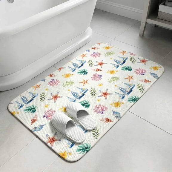 Coastal Starfish Bathroom Rugs Non Slip Washable Bath Mat Absorbent Front Door Mat Nautical Ship Palm Leaves Flowers Coral Indoor Doormat for Kitchen Entryway Shower Decor Accessories 15.7"x23.6"