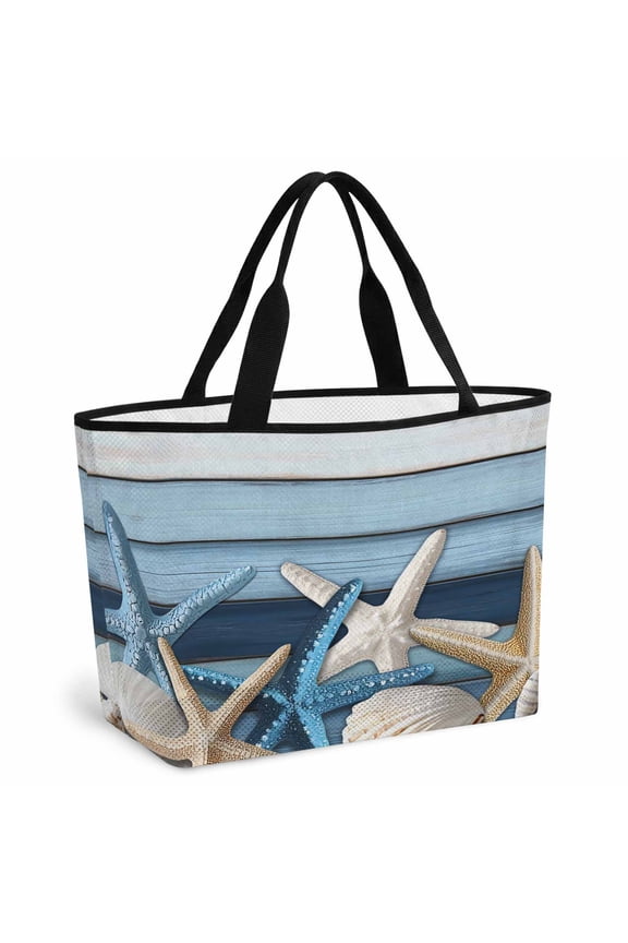 Coastal Starfish Beach Bag for Women, Large Breathable Mesh Beach Tote Bag, Blue Wooden Grain Seashells Country Sandproof Lightweight Travel Bags for Vacation Picnic Swimming Pool 15.7"x15.7"x9.1" $18.17