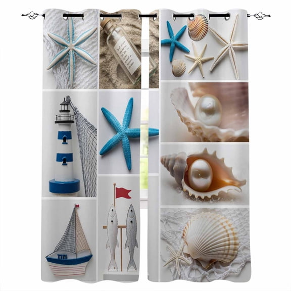 Coastal Starfish Blackout Curtains for Bedroom Living Room Darkening Curtains 63 Inches Long Beach Lighthouse Conch Shell Ocean Pearl Window Curtain 2 Panels Set Window Treatment Drapes 42"x63"