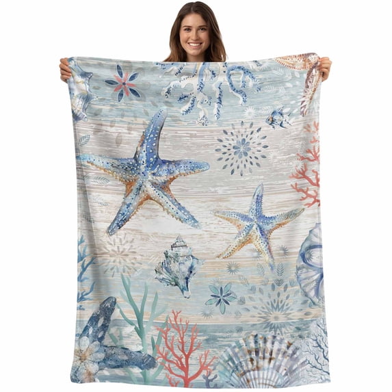 Coastal Starfish Blanket Soft Cozy Warm Throw Blanket for Couch, Plush Fuzzy Flannel Fleece Blankets for Sofa, Blue Nautical Coral Seashell Wooden Bed Blankets Lightweight Gifts for Women, 50"x80"