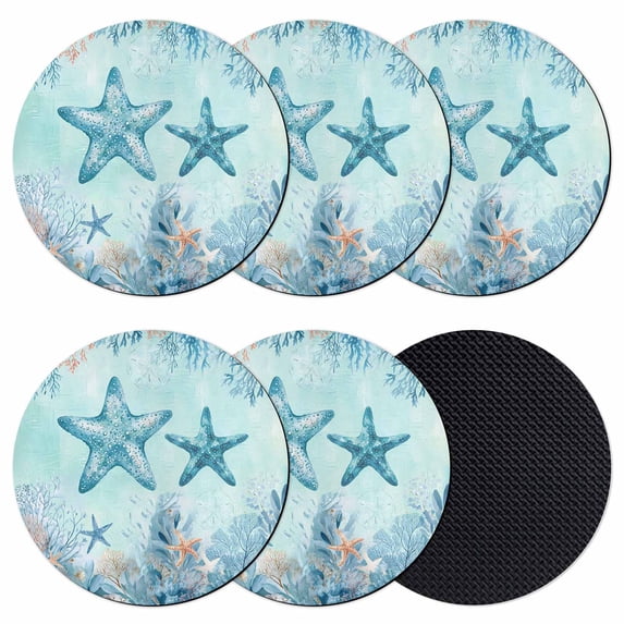Coastal Starfish Blue Coasters Set of 6, Absorbent Coasters for Drinks, Summer Beach Nautical Coral Coaster for Desk Coffee Table Protection, Home Decor House Warming Gifts 4"