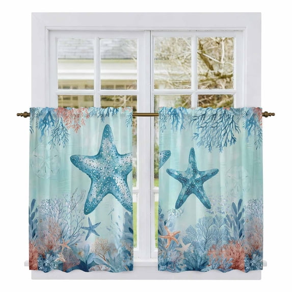 Coastal Starfish Blue Kitchen Curtain for Berdoom Living Room Cafe 54 Inch Length, Summer Beach Nautical Coral Tiers Curtains Light Filtering Drapes Rod Pocket Window Treatment 2 Panels 52"Wx54"L