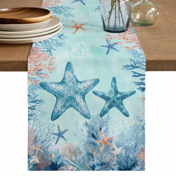 Coastal Starfish Blue Table Runner, Summer Beach Nautical Coral Washable Cotton Linen Table Runners 48 Inches Long, Dresser Scarf Runner for Nightstand/Coffee/End Tables 13''x48''