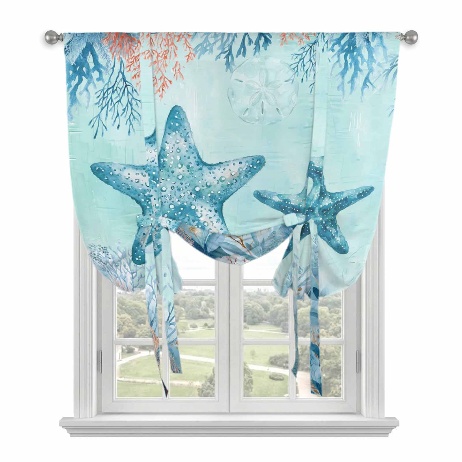 Coastal Starfish Blue Tie Up Curtains For Windows Adjustable Balloon 