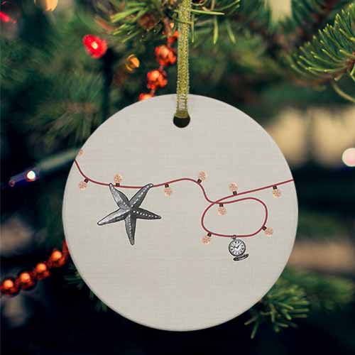 Coastal Starfish Christmas Ceramic Ornaments, Xmas Red Nautical Beach Rustic Round Porcelain Hanging Ornaments with Gold String, Xmas Decorations Keepsake Gifts for Holiday Home Party 3''