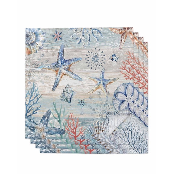 Coastal Starfish Cloth Napkins Set of 4 Reusable Dinner Napkins, Blue Nautical Coral Seashell Wooden Cocktail Napkin Washable Table Napkins for Wedding/Holiday Party/Baby Shower 20"x20"