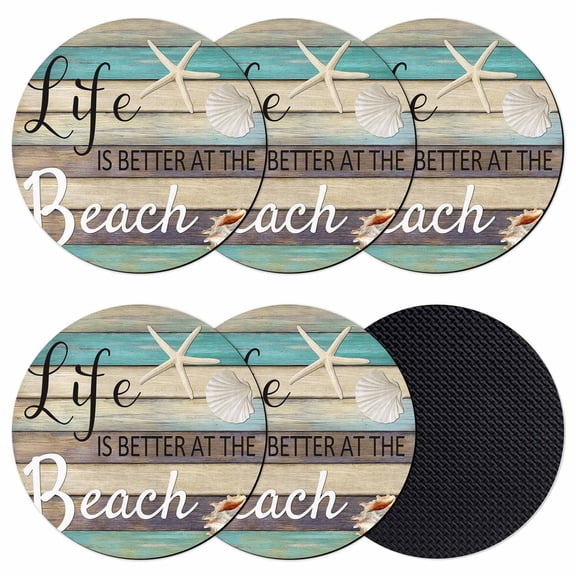 Coastal Starfish Coasters Set of 6, Absorbent Coasters for Drinks, Farmhouse Nautical Conch Seashell Wood Coaster for Desk Coffee Table Protection, Home Decor House Warming Gifts 4"