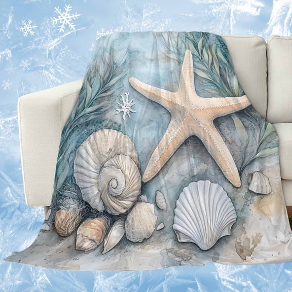 Coastal Starfish Cooling Blanket,Lightweight Breathable Summer Throw Blanket with Double Sided Cold Effect,Beach Summer Starfish Nautical Shell Blue Picnic Blankets Bed Sheet for Hot Sleepers 30"x40"