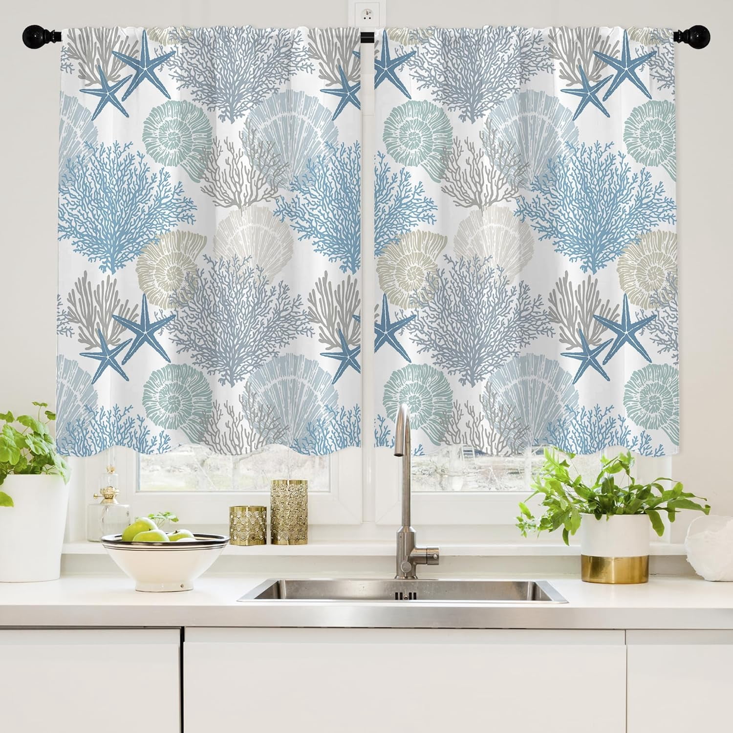 Coastal Starfish Coral Kitchen Curtains Sets for Windows Over Sink ...