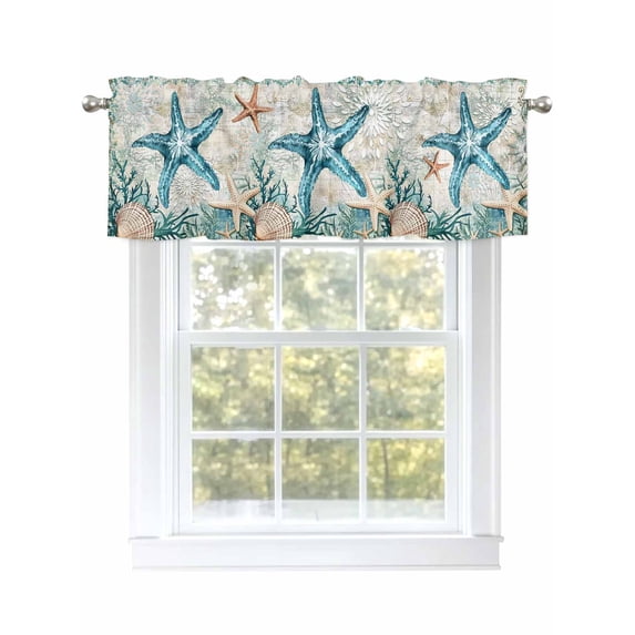Coastal Starfish Curtain Valances for Windows, Ocean Coral Starfish Nautical Map Kitchen Valance Window Treatment, Light Filtering Block Curtains for Bathroom/Bedroom/Living Room 42'' x 12''