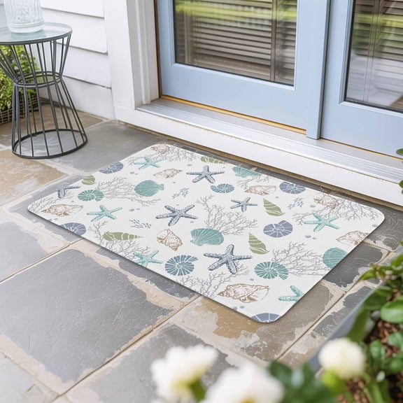 Coastal Starfish Door Mat Indoor Outdoor, Ocean Coral Shell Beach Marine Life Non Slip Welcome Mat with Rubber Backing, Absorbent Fabric Front Door Mats Entryway Rug for Home Patio Entrance 18"x30"