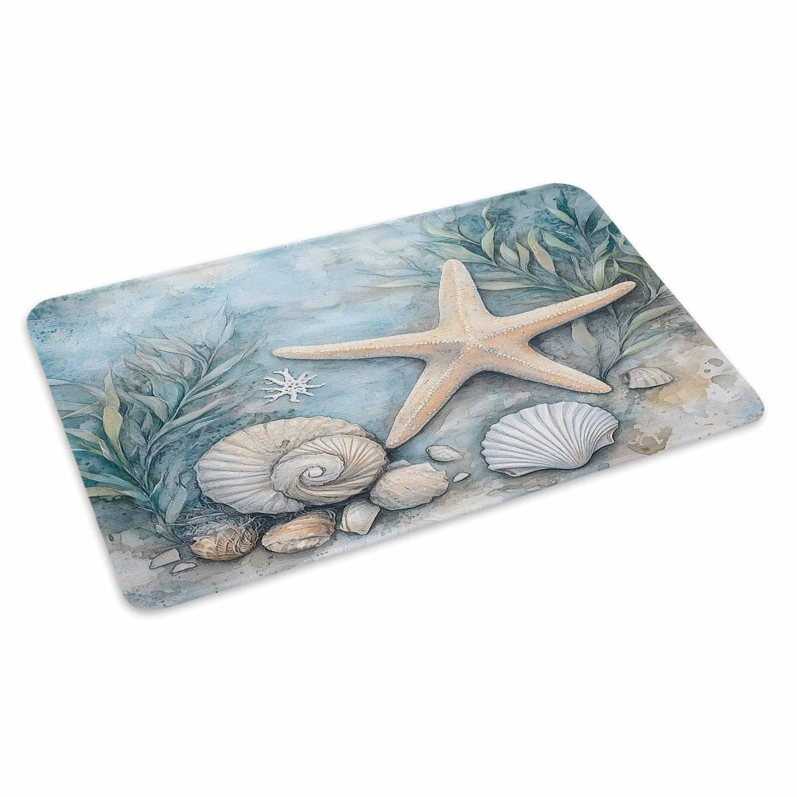 Coastal Starfish Doormat Outdoor Entrance 24"x36", Beach Summer Starfish Nautical Shell Blue Absorb Moisture Dirt Door Mats, Non-Slip Rubber Backing Floor Mats Indoor, Low-Profile Front Door Rugs