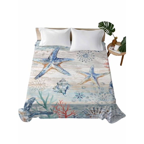 Coastal Starfish Flat Sheets Only King Size, Soft Breathable Bed Top Sheets for Mattress, Blue Nautical Coral Seashell Wooden Luxury Bedding Flat Sheets for Home Hotel Bedroom Bed Protection