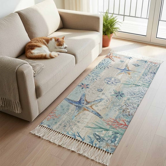 Coastal Starfish Hallway Runner Rug 2'x6', Blue Nautical Coral Seashell Wooden Washable Entryway Rug with Tassels, Woven Cotton Laundry Room Rugs Long Carpet for Bathroom Sink Foyer Bedroom