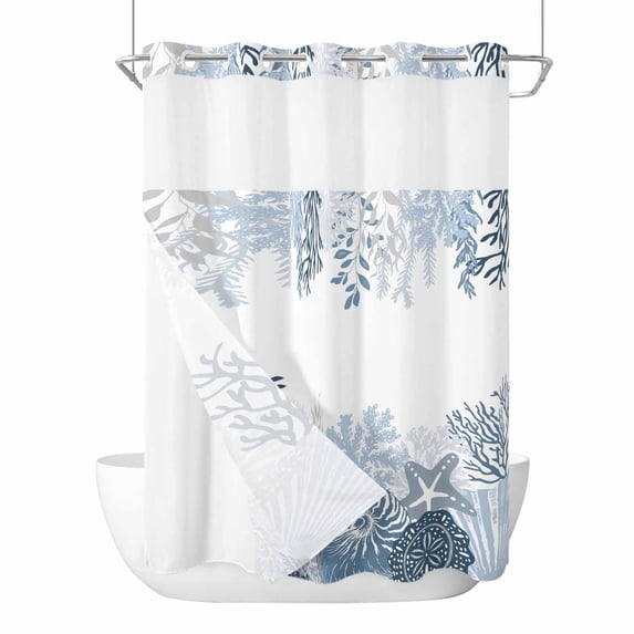 Coastal Starfish No Hook Shower Curtain with Snap in Liner, Waterproof Fabric Shower Curtains, Ocean Weeping Coral Beach Conch Haze Blue Shower Curtain Set Top See Through for Bathroom 60"x72"