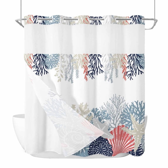 Coastal Starfish No Hook Shower Curtain with Snap in Liner, Waterproof Fabric Shower Curtains, Ocean Weeping Coral Beach Conch Shower Curtain Set Top See Through for Bathroom 72"x78"