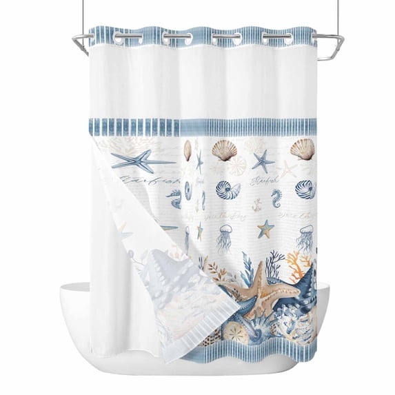 Coastal Starfish No Hook Shower Curtain with Snap in Liner, Waterproof Fabric Shower Curtains, Orange Blue Summer Beach Coral Shell Nautical Shower Curtain Set Top See Through for Bathroom 72"x84"