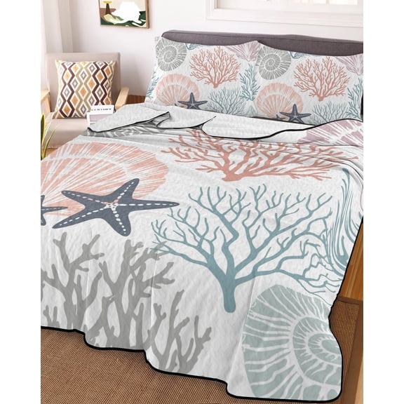 Coastal Starfish King Size Down Alternative Comforter, Lightweight Comforter Quilt Bedding Set with Pillow Shams Ocean Multicolor Coral Shell Conch All Seasons Bed Comforter Duvet Insert 96"x106"