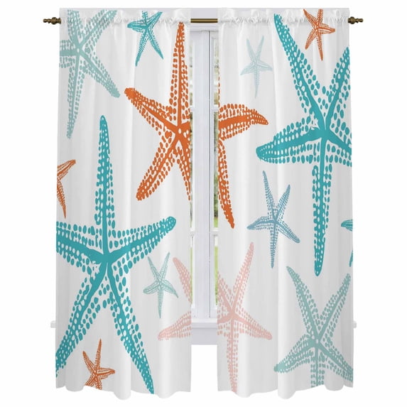 Coastal Starfish Kitchen Curtain for Berdoom Living Room Cafe 72 Inch Length, Teal Orange Nautical Minimalist Beach Cartoon Tiers Curtains Light Filtering Drapes Window Treatment 2 Panels 52"Wx72"L