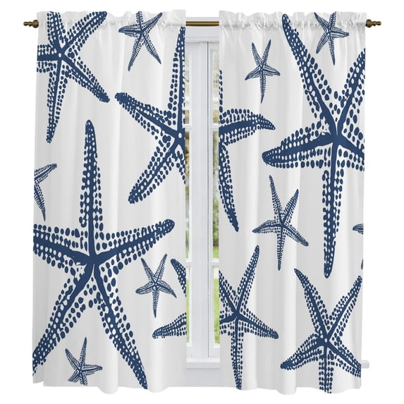 Coastal Starfish Kitchen Curtains 63 Inch Length, Navy Blue Nautical Minimalist Beach Cartoon Tiers Curtains for Living Room Berdoom, Light Filtering Drapes Window Treatment 2 Panels 42"Wx63"L