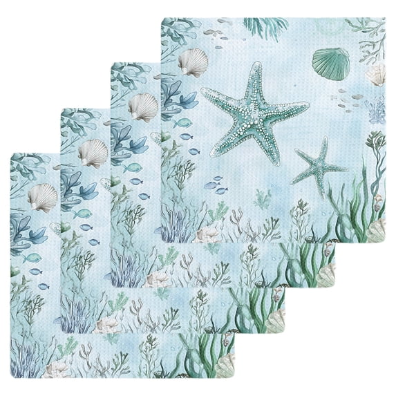 Coastal Starfish Kitchen Dish Towels for Drying Dishes Set of 4, Nautical Coral Tropical Fish Seashells Waffle Weave Microfiber Hand Tea Bathroom Towels Quick Dry & Absorbent Towel 12x12